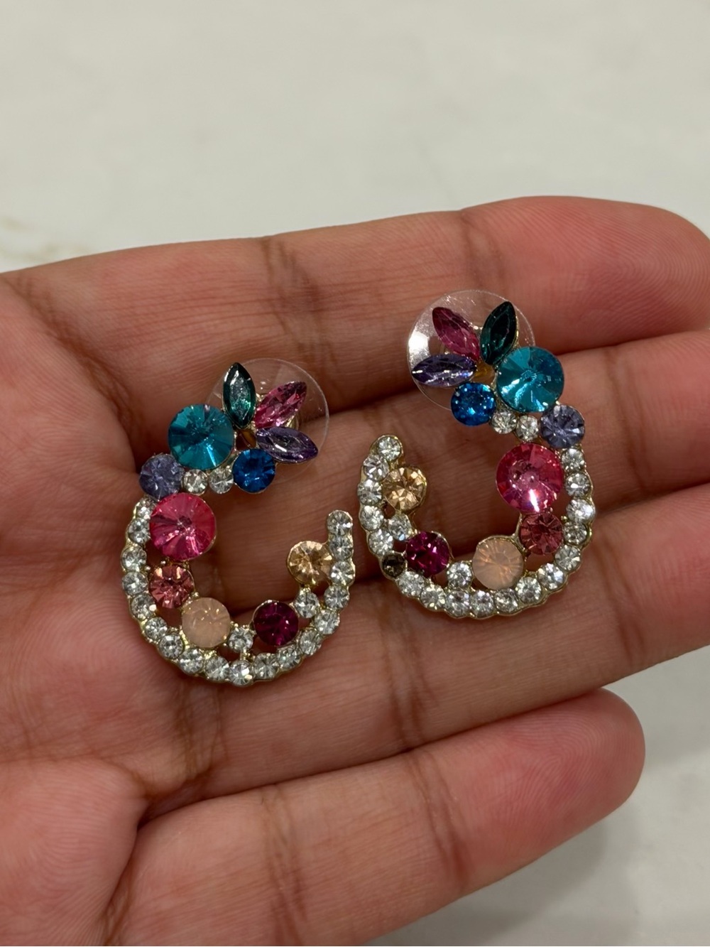 Vintage Multicolor Rhinestone Floral Hoop Statement Earrings